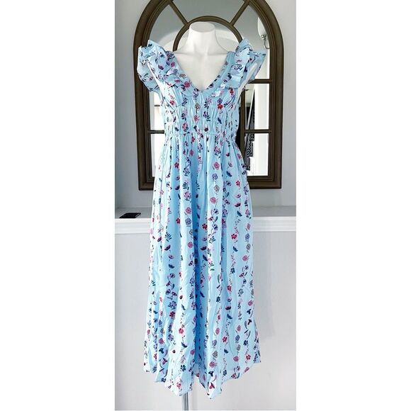 Banjanan Maya Cotton Ruffled Foliage Floral Dress, Blue, NWT, Size M - Picture 5 of 16
